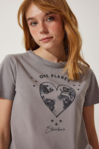 Women's Gray Printed Knitted T-Shirt WO00035 - 3