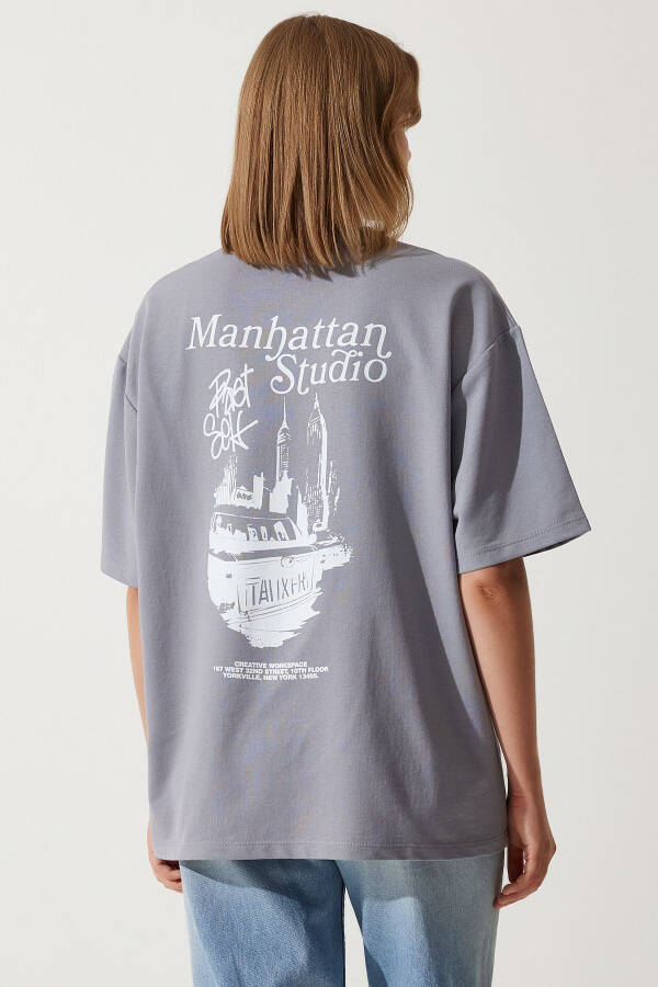 Women's Gray Printed Oversize Two-Thread Knitted T-Shirt - 3