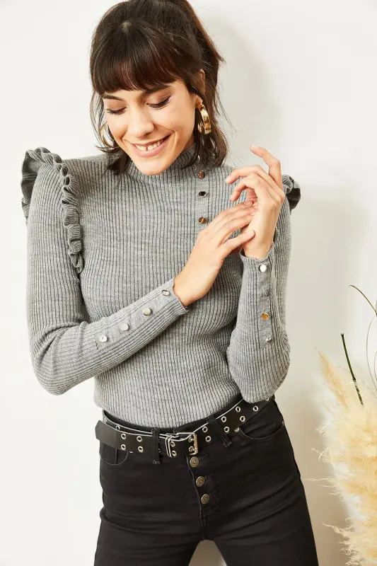 Women's Gray Ruffled Button Detailed Waist-Length Knitted Sweater KZK-19000263-Gray - OLALOOK