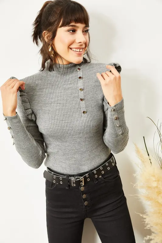 Women's Gray Ruffled Button Detailed Waist-Length Knitted Sweater KZK-19000263-Gray - 4