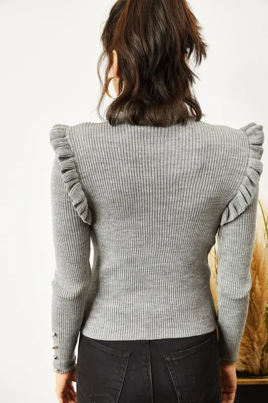 Women's Gray Ruffled Button Detailed Waist-Length Knitted Sweater KZK-19000263-Gray - 5