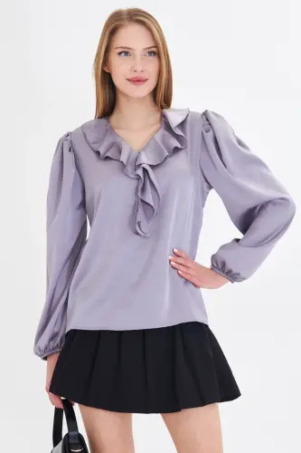 Women's Gray Ruffled Collar Shirred Shoulder Elastic Sleeve Cotton Sateen Blouse ARM-22K001059-Gray - ARMONIKA (1)