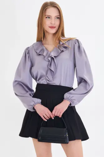 Women's Gray Ruffled Collar Shirred Shoulder Elastic Sleeve Cotton Sateen Blouse ARM-22K001059-Gray - 3