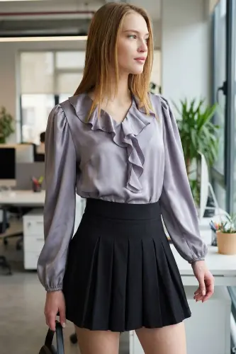 Women's Gray Ruffled Collar Shirred Shoulder Elastic Sleeve Cotton Sateen Blouse ARM-22K001059-Gray - 8