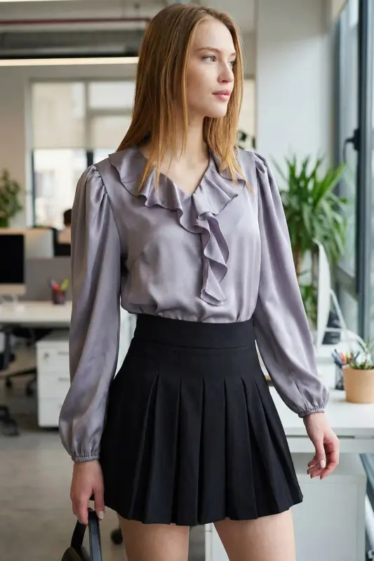 Women's Gray Ruffled Collar Shirred Shoulder Elastic Sleeve Cotton Sateen Blouse ARM-22K001059-Gray - 8