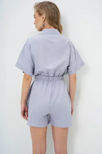 Women's Gray Shirt Collar Double Pocket Shorts Jumpsuit ALC-X11611-GRİ - 1
