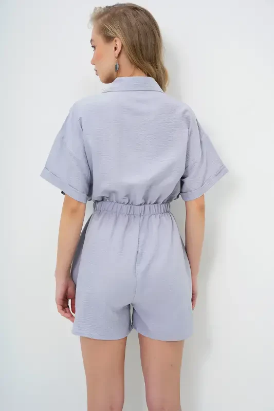 Women's Gray Shirt Collar Double Pocket Shorts Jumpsuit ALC-X11611-GRİ - 1