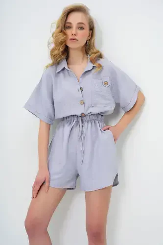 Women's Gray Shirt Collar Double Pocket Shorts Jumpsuit ALC-X11611-GRİ - 3
