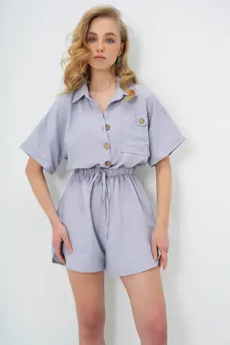 Women's Gray Shirt Collar Double Pocket Shorts Jumpsuit ALC-X11611-GRİ - 4