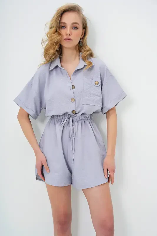 Women's Gray Shirt Collar Double Pocket Shorts Jumpsuit ALC-X11611-GRİ - 4