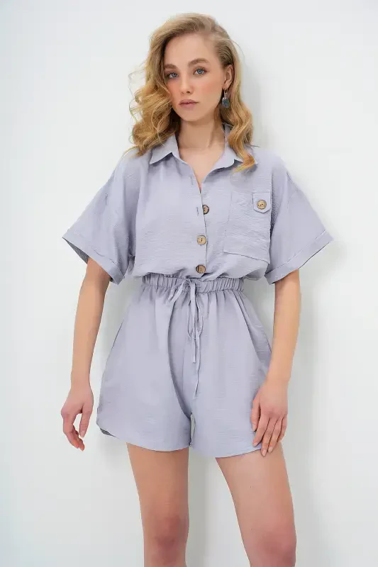 Women's Gray Shirt Collar Double Pocket Shorts Jumpsuit ALC-X11611-GRİ - 5