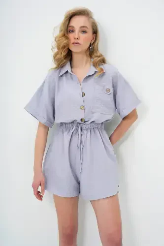 Women's Gray Shirt Collar Double Pocket Shorts Jumpsuit ALC-X11611-GRİ - 6