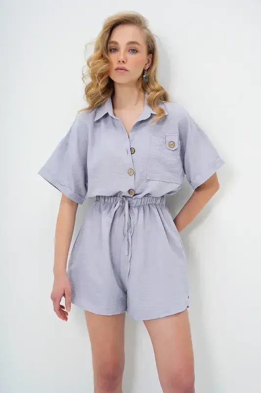 Women's Gray Shirt Collar Double Pocket Shorts Jumpsuit ALC-X11611-GRİ - 6