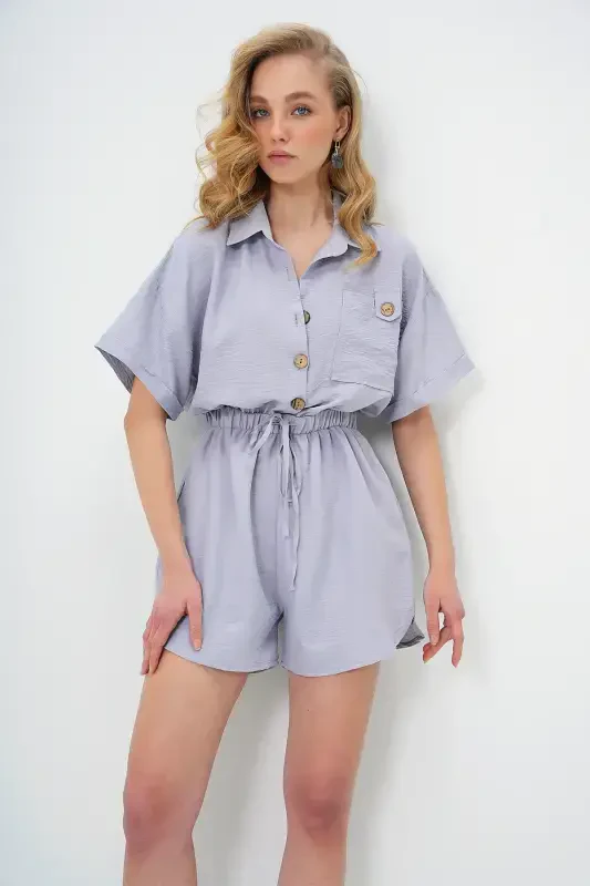 Women's Gray Shirt Collar Double Pocket Shorts Jumpsuit ALC-X11611-GRİ - 7