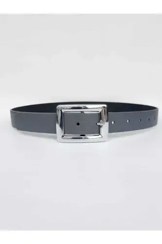 Women's Gray Silver Buckle Belt-Gray - 3