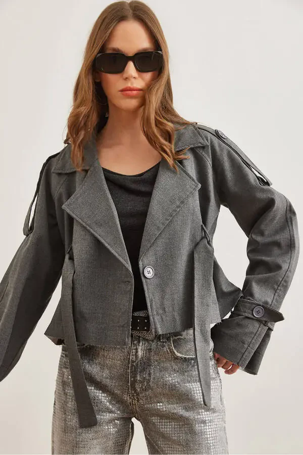 Women's Gray Smoke Lined Banded Detailed Crop Jacket CKT-19000412 - 1