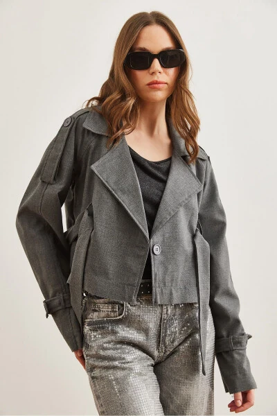 Women's Gray Smoke Lined Banded Detailed Crop Jacket CKT-19000412 - 3