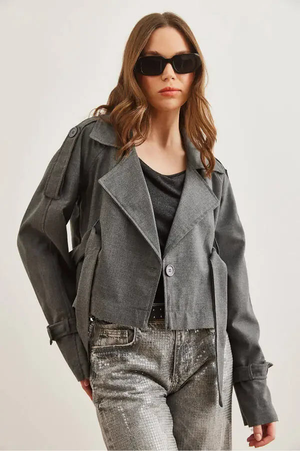 Women's Gray Smoke Lined Banded Detailed Crop Jacket CKT-19000412 - 3
