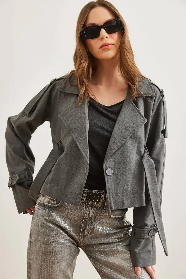 Women's Gray Smoke Lined Banded Detailed Crop Jacket CKT-19000412 - 4