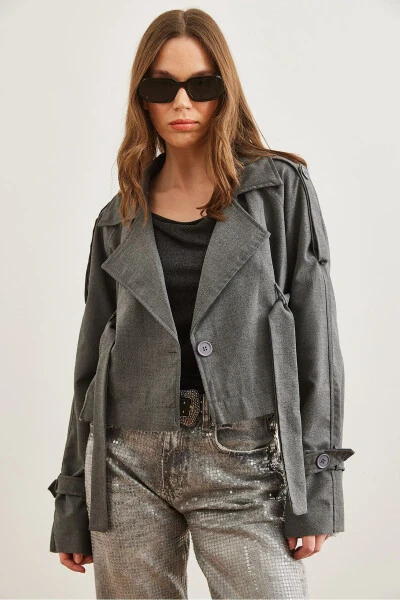 Women's Gray Smoke Lined Banded Detailed Crop Jacket CKT-19000412 - 5