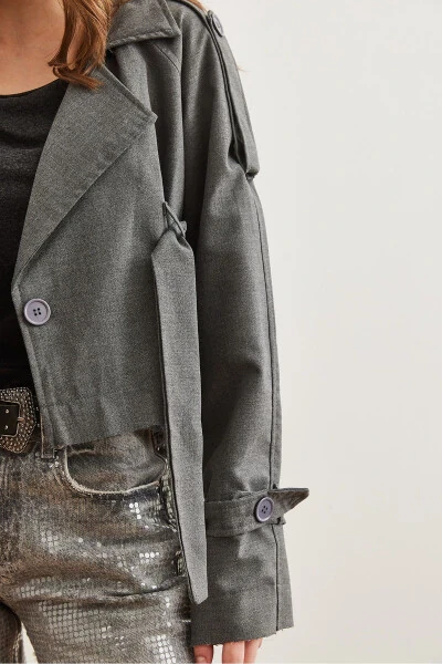 Women's Gray Smoke Lined Banded Detailed Crop Jacket CKT-19000412 - 6