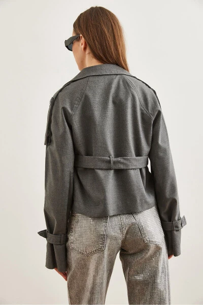 Women's Gray Smoke Lined Banded Detailed Crop Jacket CKT-19000412 - 7