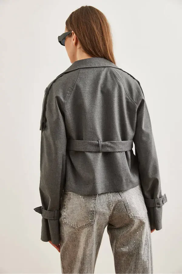 Women's Gray Smoke Lined Banded Detailed Crop Jacket CKT-19000412 - 7