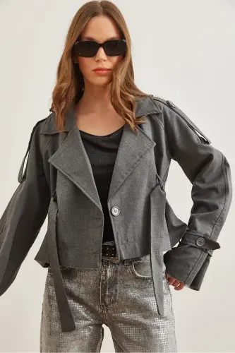 Women's Gray Smoke Lined Banded Detailed Crop Jacket CKT-19000412 - OLALOOK (1)