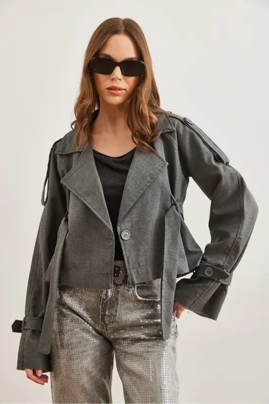 Women's Gray Smoke Lined Banded Detailed Crop Jacket CKT-19000412 - 3