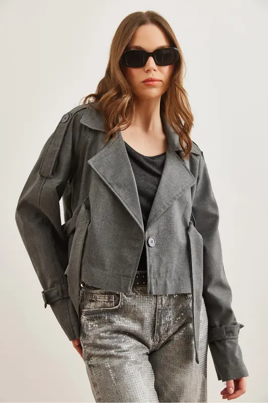 Women's Gray Smoke Lined Banded Detailed Crop Jacket CKT-19000412 - 4