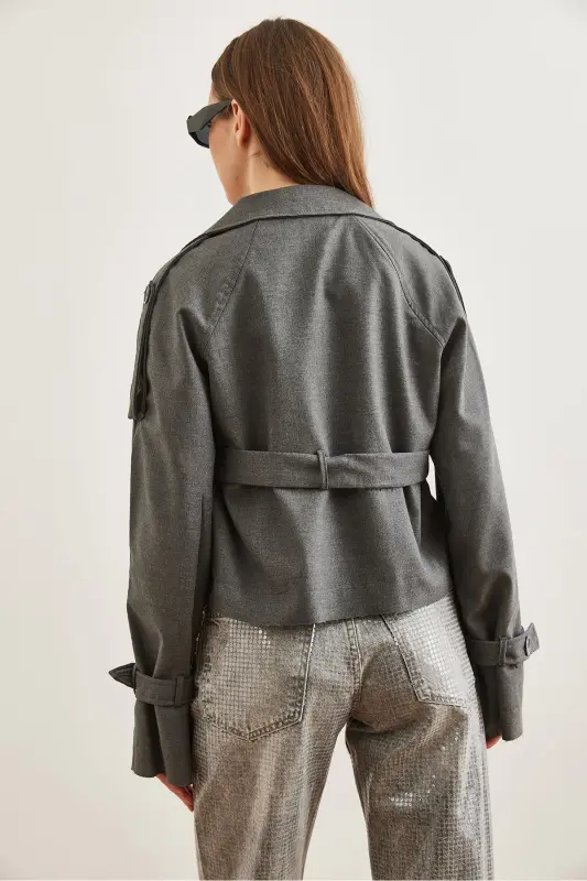 Women's Gray Smoke Lined Banded Detailed Crop Jacket CKT-19000412 - 8