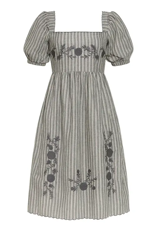 Women's Gray Square Neck Princess Sleeve Striped Floral Embroidered Woven Dress ALC-X8996 - 1