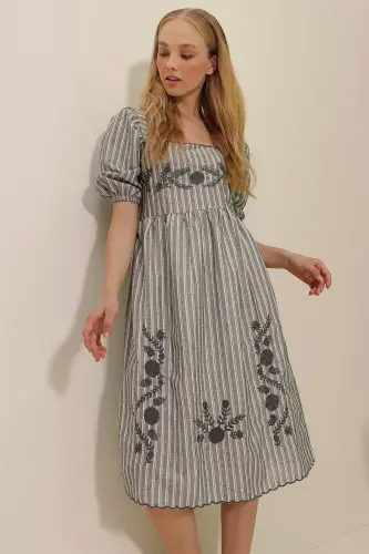 Women's Gray Square Neck Princess Sleeve Striped Floral Embroidered Woven Dress ALC-X8996 - 3