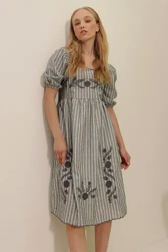 Women's Gray Square Neck Princess Sleeve Striped Floral Embroidered Woven Dress ALC-X8996 - 4