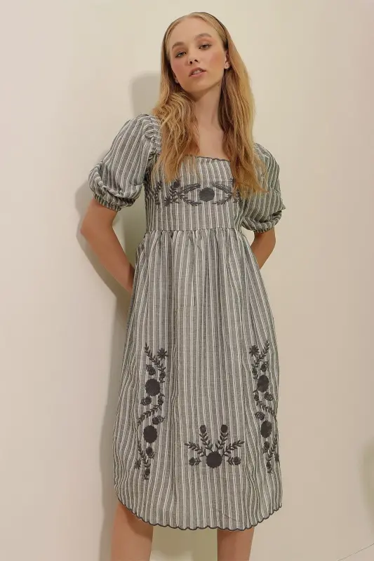 Women's Gray Square Neck Princess Sleeve Striped Floral Embroidered Woven Dress ALC-X8996 - 6