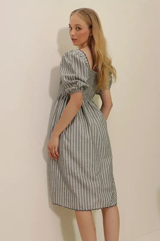 Women's Gray Square Neck Princess Sleeve Striped Floral Embroidered Woven Dress ALC-X8996 - 7