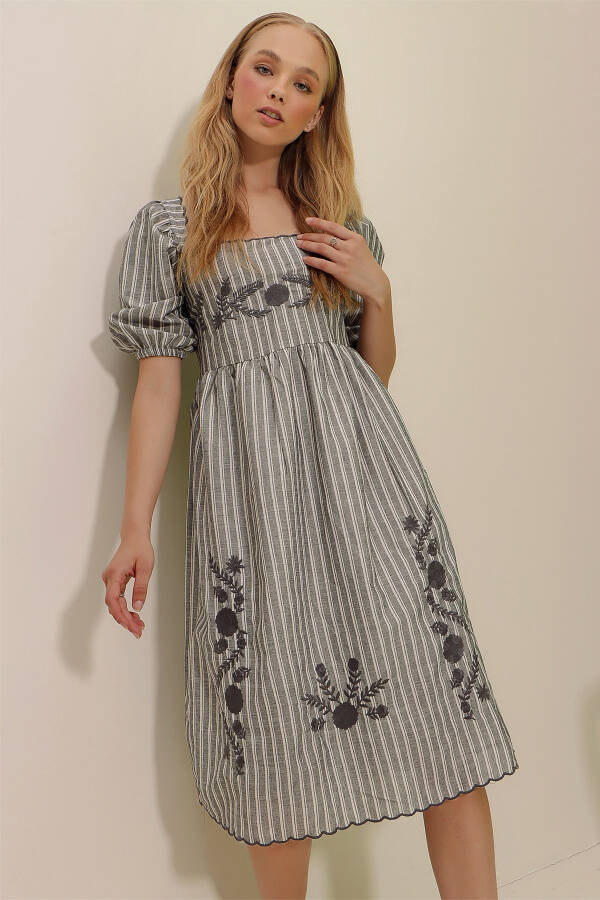 Women's Gray Square Neck Princess Sleeve Striped Floral Embroidered Woven Dress ALC-X8996 - 1