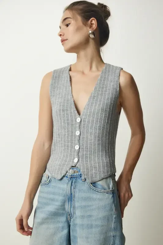 Women's Gray Striped Brushed Knit Vest WF00058-Gray - HAPPINESS İSTANBUL