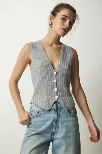 Women's Gray Striped Brushed Knit Vest WF00058-Gray - HAPPINESS İSTANBUL (1)