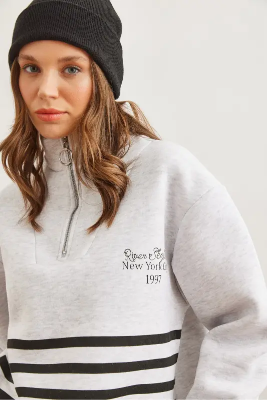 Women's Gray Striped Thistle Zippered Sweatshirt SWT-19000711 - 2