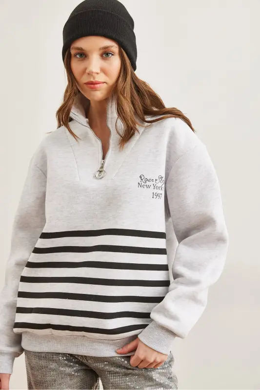 Women's Gray Striped Thistle Zippered Sweatshirt SWT-19000711 - 3