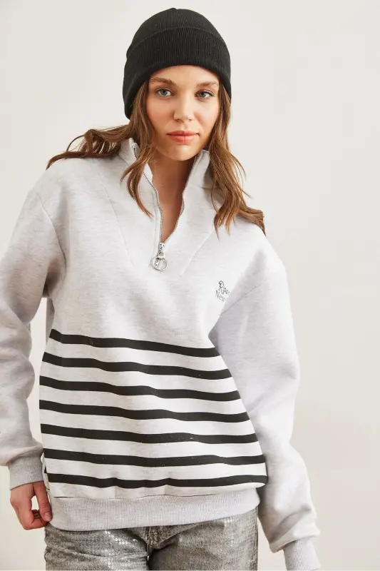 Women's Gray Striped Thistle Zippered Sweatshirt SWT-19000711 - 4