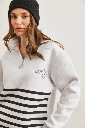 Women's Gray Striped Thistle Zippered Sweatshirt SWT-19000711 - 6
