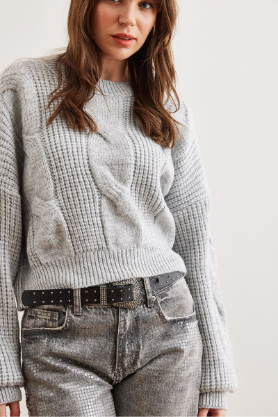 Women's Gray Thick Hair Braided Soft Textured Knitted Sweater KZK-19000902 - 5