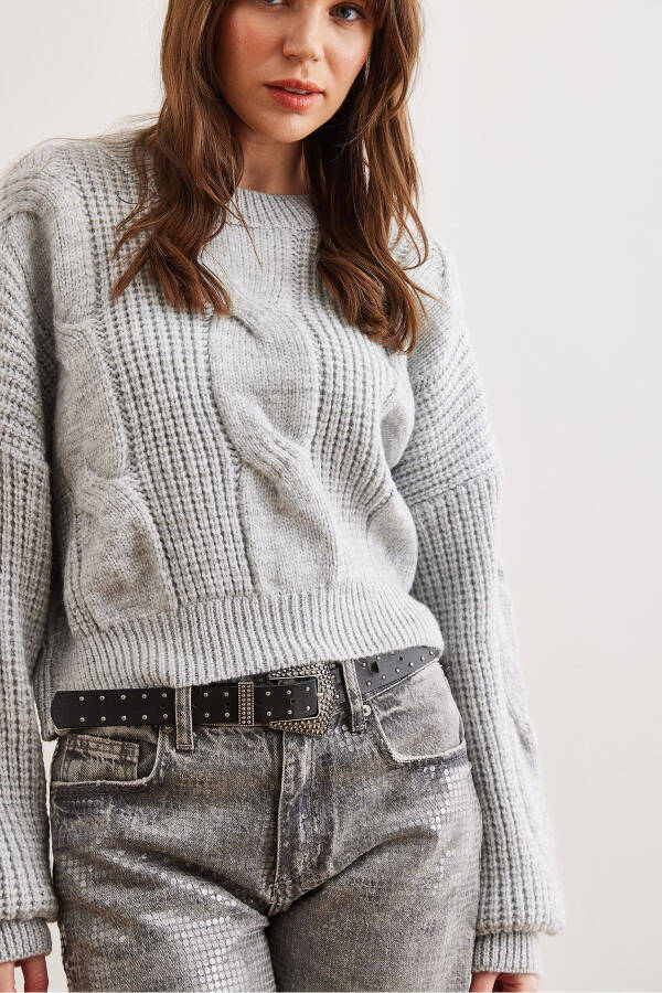 Women's Gray Thick Hair Braided Soft Textured Knitted Sweater KZK-19000902 - 5