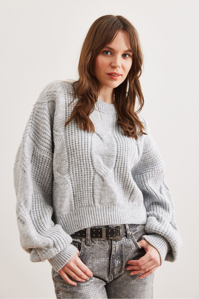 Women's Gray Thick Hair Braided Soft Textured Knitted Sweater KZK-19000902 - OLALOOK (1)
