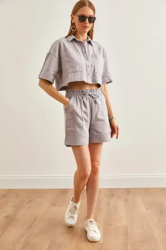 Women's Gray Top Shirt Pocketed Shorts Linen Set TK - OLALOOK
