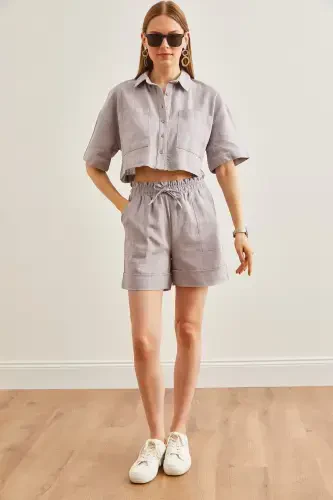 Women's Gray Top Shirt Pocketed Shorts Linen Set TK - 2