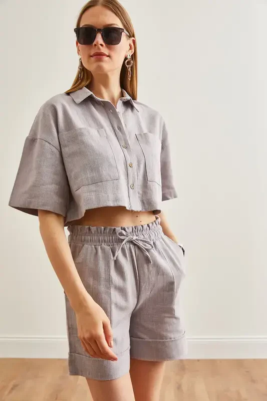 Women's Gray Top Shirt Pocketed Shorts Linen Set TK - 3