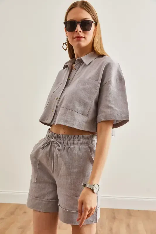 Women's Gray Top Shirt Pocketed Shorts Linen Set TK - 5